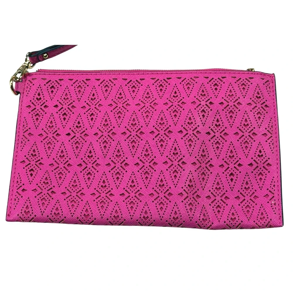 Aldo‎ Hot Pink Laser Cut Wristlet Clutch Bag Gold Hardware Diamond Pattern EUC